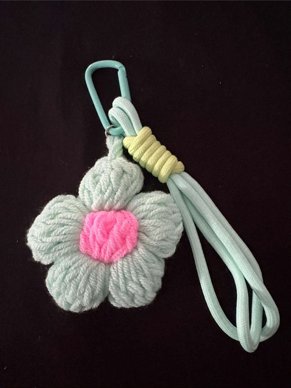 Mint Green Flower Crochet Yarn Bag Charm Keychain with Pink Center Accessory